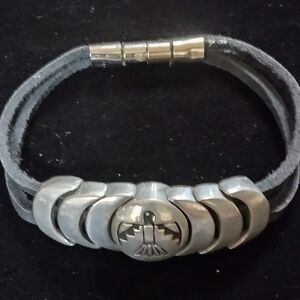 Vintage Y2K Silvertone and Black Leather Men's Bracelet
